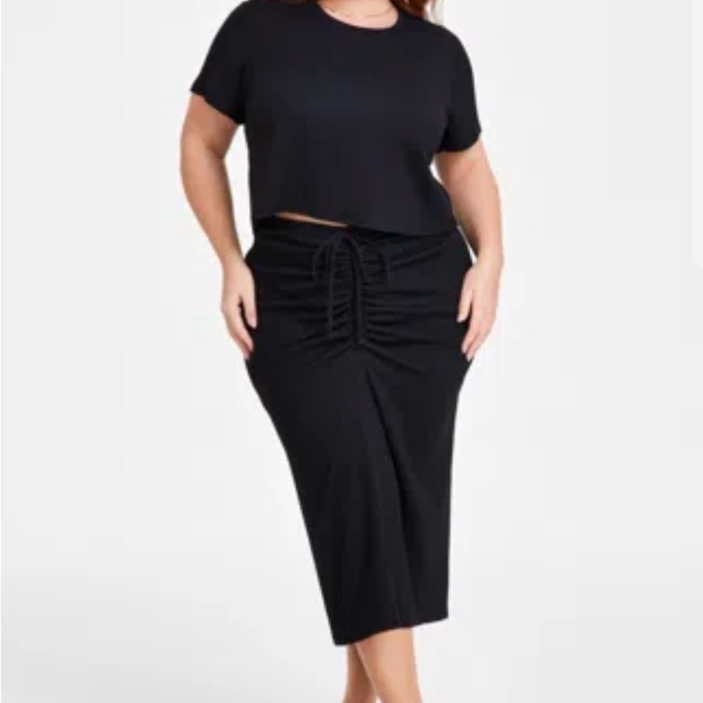 Black Pencil Midi Skirt with Ruched Tie Front and Matching Crop Shirt